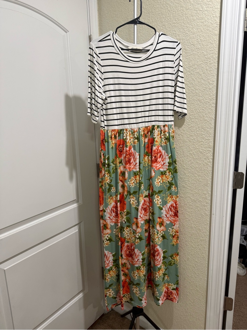 Striped Top Maxi Dress with Floral Sage Skirt